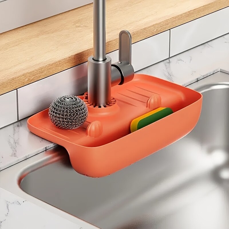 Household Silicone Sink Drain Rack, Faucet Splash Proof Drain Rack, Water Collecting Pad, Sponge Rag Steel Wool Storage