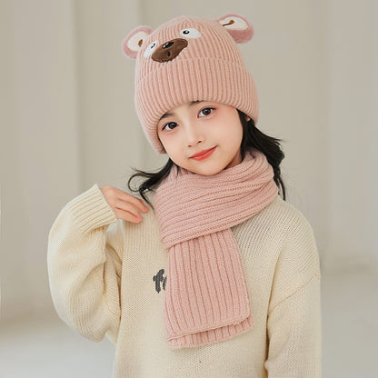 Cute and Versatile Children's Autumn and Winter Bear Hat and Scarf Set, Perfect for Boys and Girls