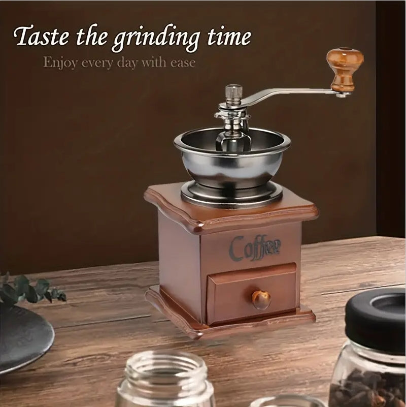 Burr Hand Crank Coffee Grinder, Vintage Wooden Coffee Grinder, Manual Coffee Mill for Fresh Ground Coffee