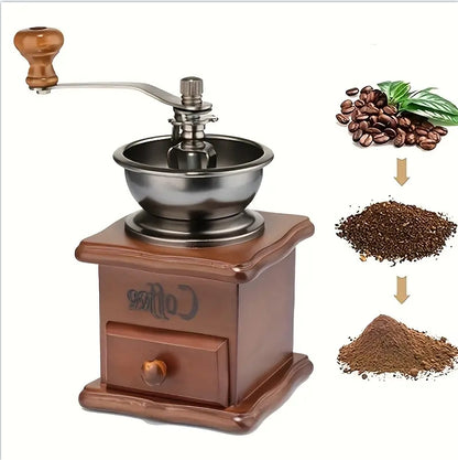 Burr Hand Crank Coffee Grinder, Vintage Wooden Coffee Grinder, Manual Coffee Mill for Fresh Ground Coffee