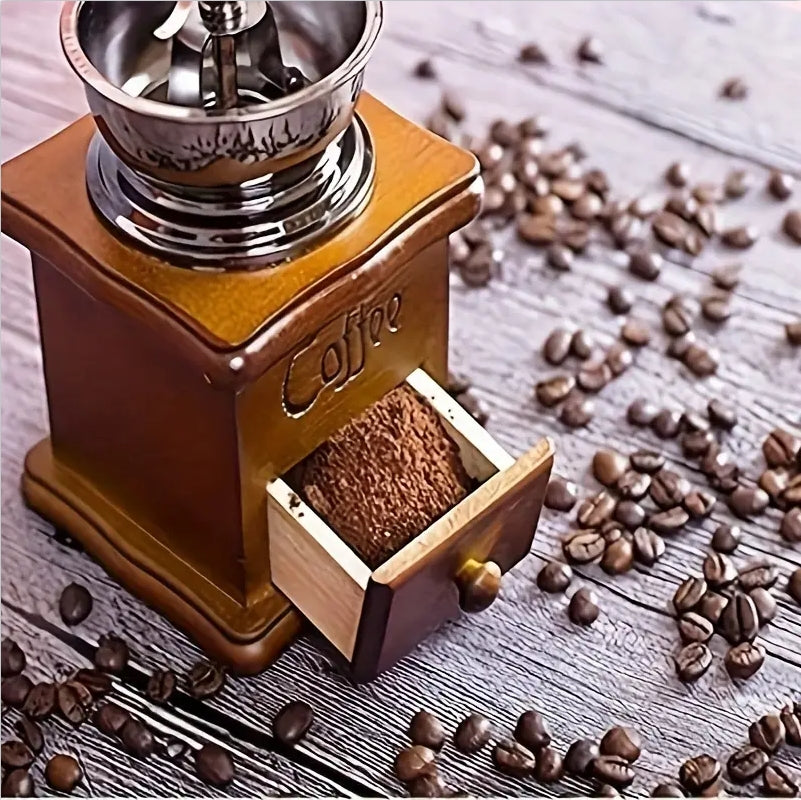 Burr Hand Crank Coffee Grinder, Vintage Wooden Coffee Grinder, Manual Coffee Mill for Fresh Ground Coffee