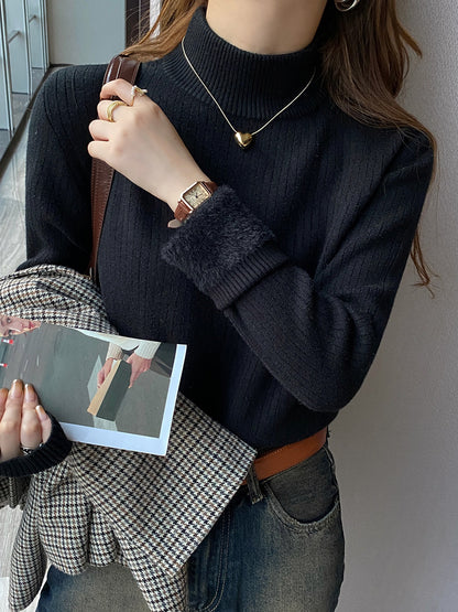 Winter Women's Turtleneck Sweater, Thickened Inner Wear, Velvet Lining Thermal Knitting Bottoming Shirt