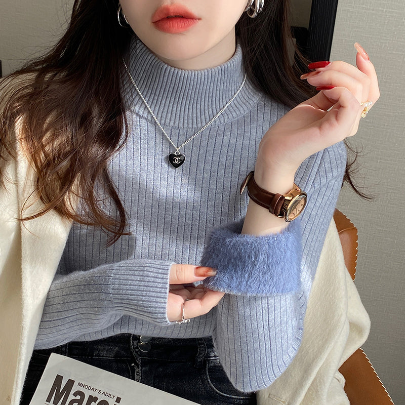 Winter Women's Turtleneck Sweater, Thickened Inner Wear, Velvet Lining Thermal Knitting Bottoming Shirt