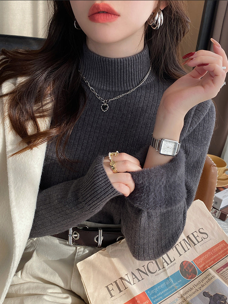 Winter Women's Turtleneck Sweater, Thickened Inner Wear, Velvet Lining Thermal Knitting Bottoming Shirt