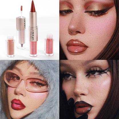 Crystal Lip Gloss Sexy Red Lips Tint Makeup with Black Brown Tapered Lip Liner