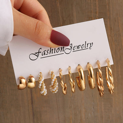 Vintage Geometry Pearl Earrings Set, Gold Twine Square Dangle Earrings, Trendy Jewelry for Women