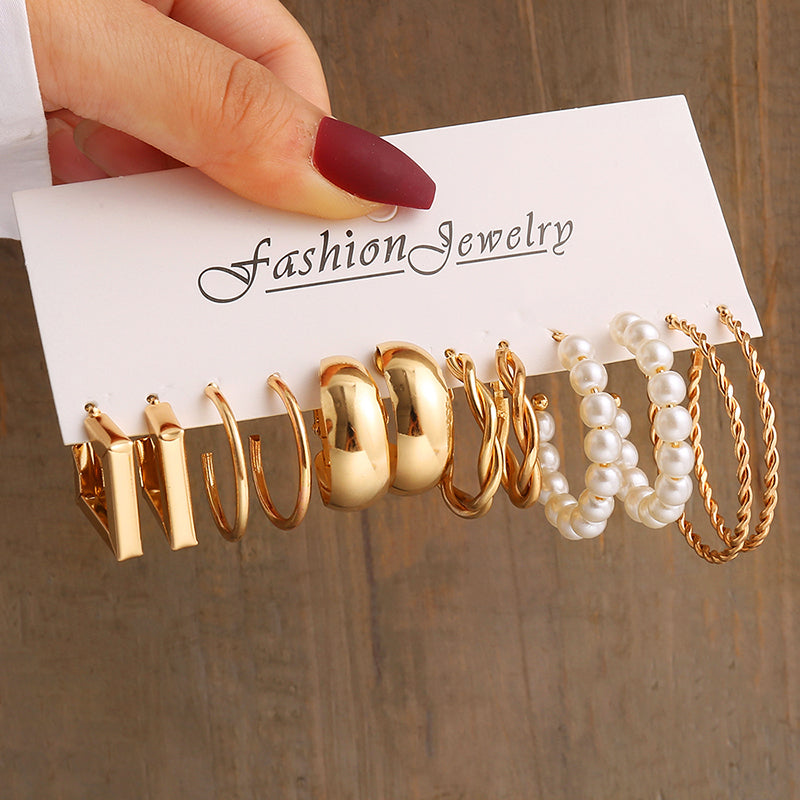 Vintage Geometry Pearl Earrings Set, Gold Twine Square Dangle Earrings, Trendy Jewelry for Women