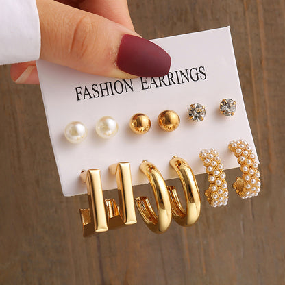 Vintage Geometry Pearl Earrings Set, Gold Twine Square Dangle Earrings, Trendy Jewelry for Women