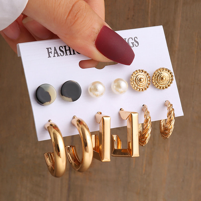 Vintage Geometry Pearl Earrings Set, Gold Twine Square Dangle Earrings, Trendy Jewelry for Women