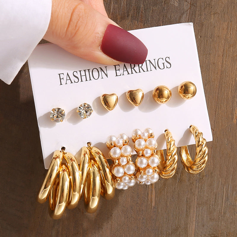 Vintage Geometry Pearl Earrings Set, Gold Twine Square Dangle Earrings, Trendy Jewelry for Women