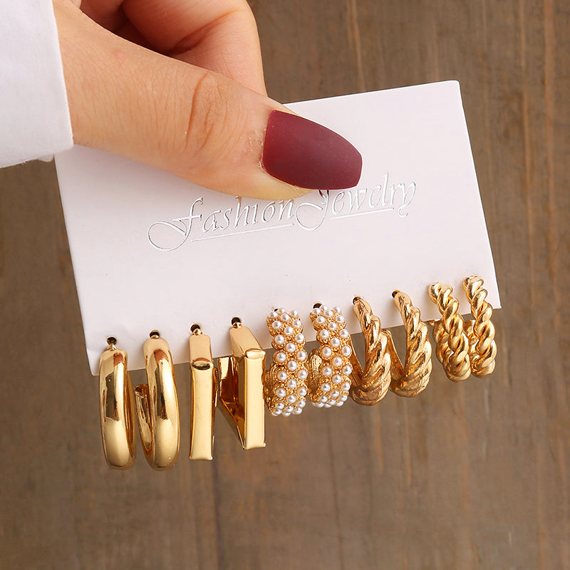 Vintage Geometry Pearl Earrings Set, Gold Twine Square Dangle Earrings, Trendy Jewelry for Women