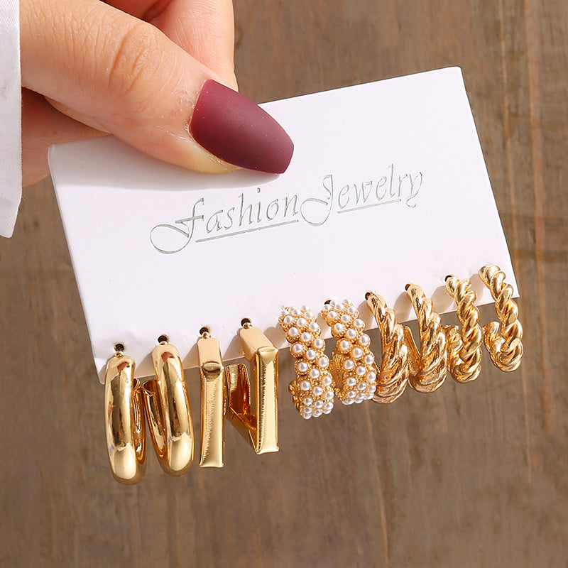 Vintage Geometry Pearl Earrings Set, Gold Twine Square Dangle Earrings, Trendy Jewelry for Women