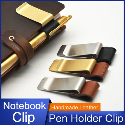 Brass Stainless Steel Pen Holder Clip Handmade Leather Journal Paper Folder Writing Office Supplies