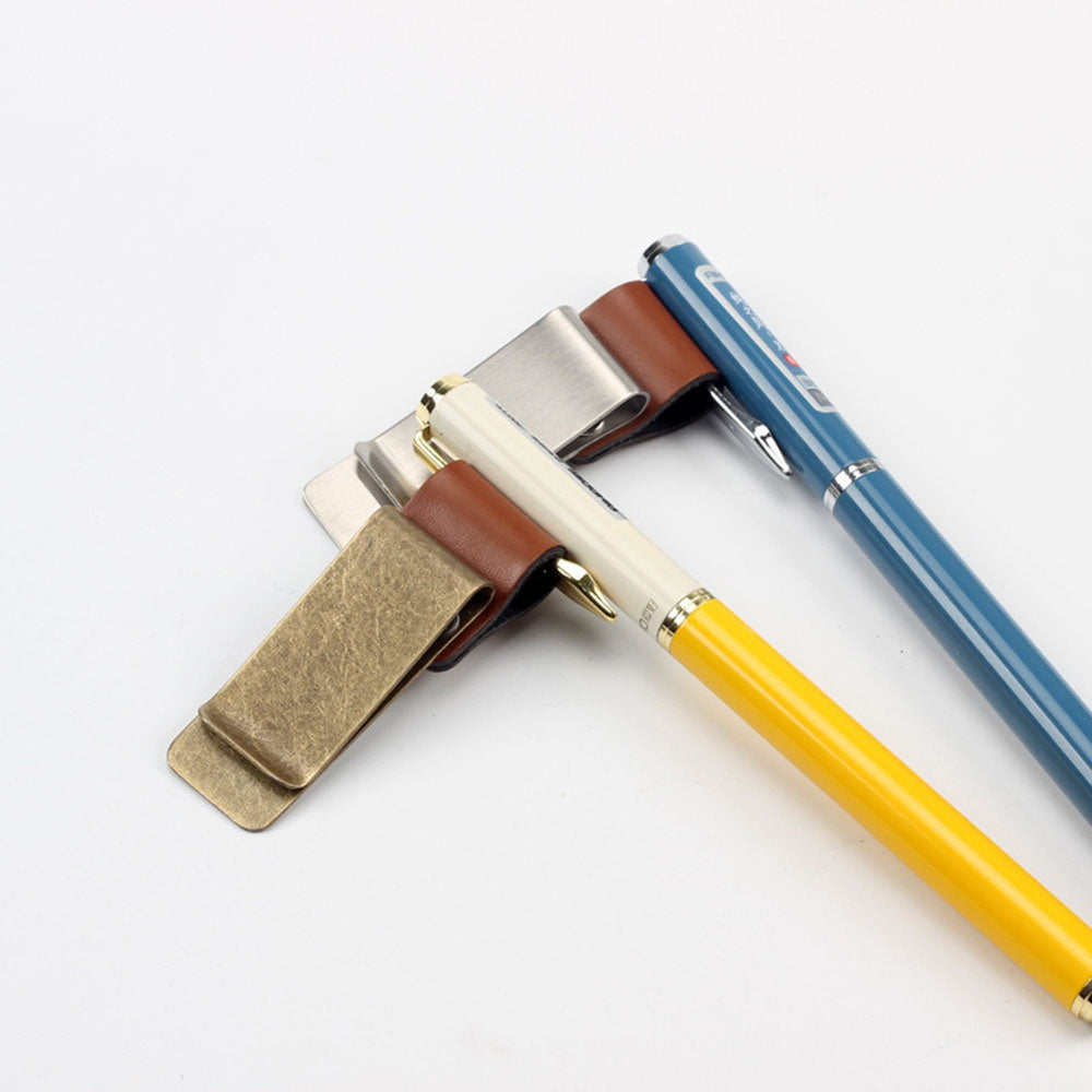 Brass Stainless Steel Pen Holder Clip Handmade Leather Journal Paper Folder Writing Office Supplies