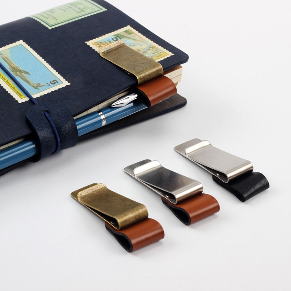 Brass Stainless Steel Pen Holder Clip Handmade Leather Journal Paper Folder Writing Office Supplies