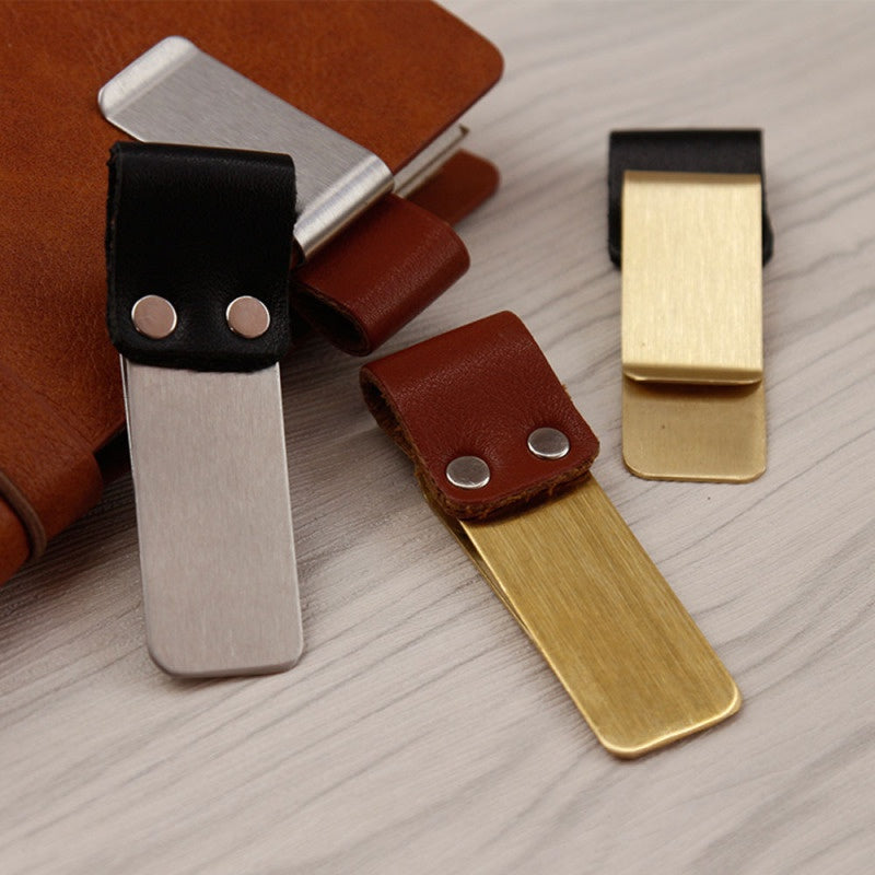 Brass Stainless Steel Pen Holder Clip Handmade Leather Journal Paper Folder Writing Office Supplies