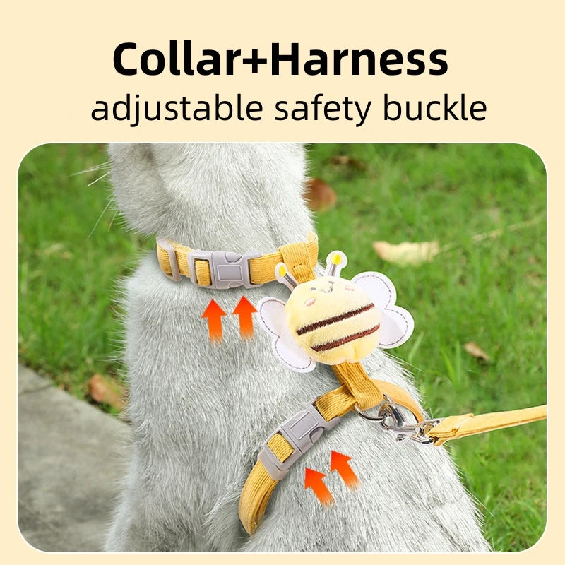 Adjustable Cat Harness Leash Collar Set With Cartoon Bee Design Double Layer Dog Harness For Small