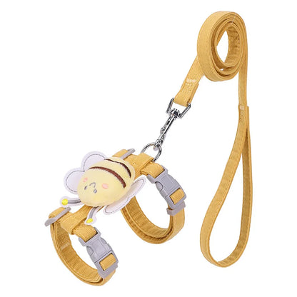 Adjustable Cat Harness Leash Collar Set with Cartoon Bee Design, Double Layer Dog Harness for Small Medium Pets