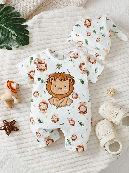 Baby Boy Casual Hoodie With Cartoon Lion Pattern Shorts And Hat 1