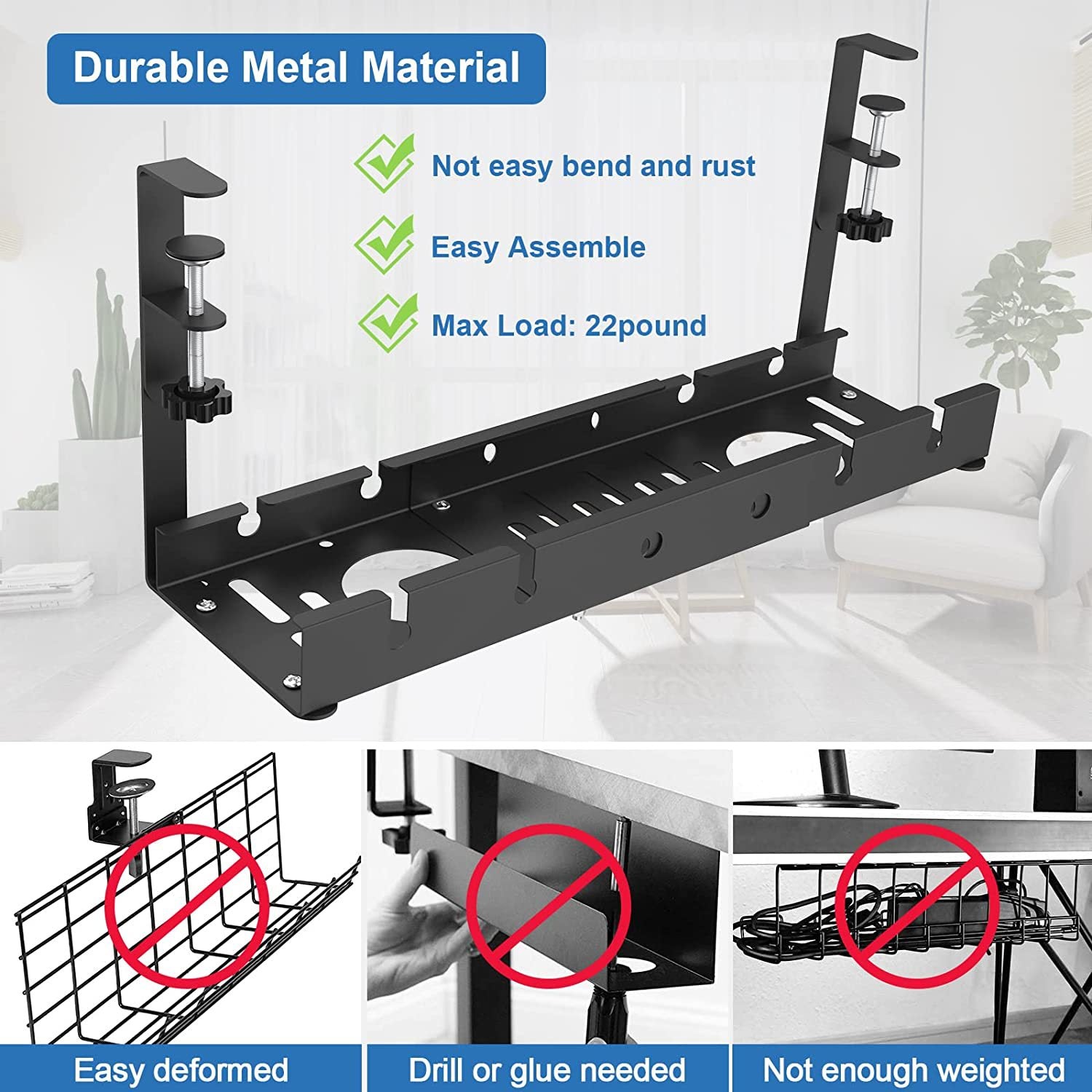 Metal Cable Management Tray, Telescopic Under Table Storage Rack, Wire Organizer for Home Office