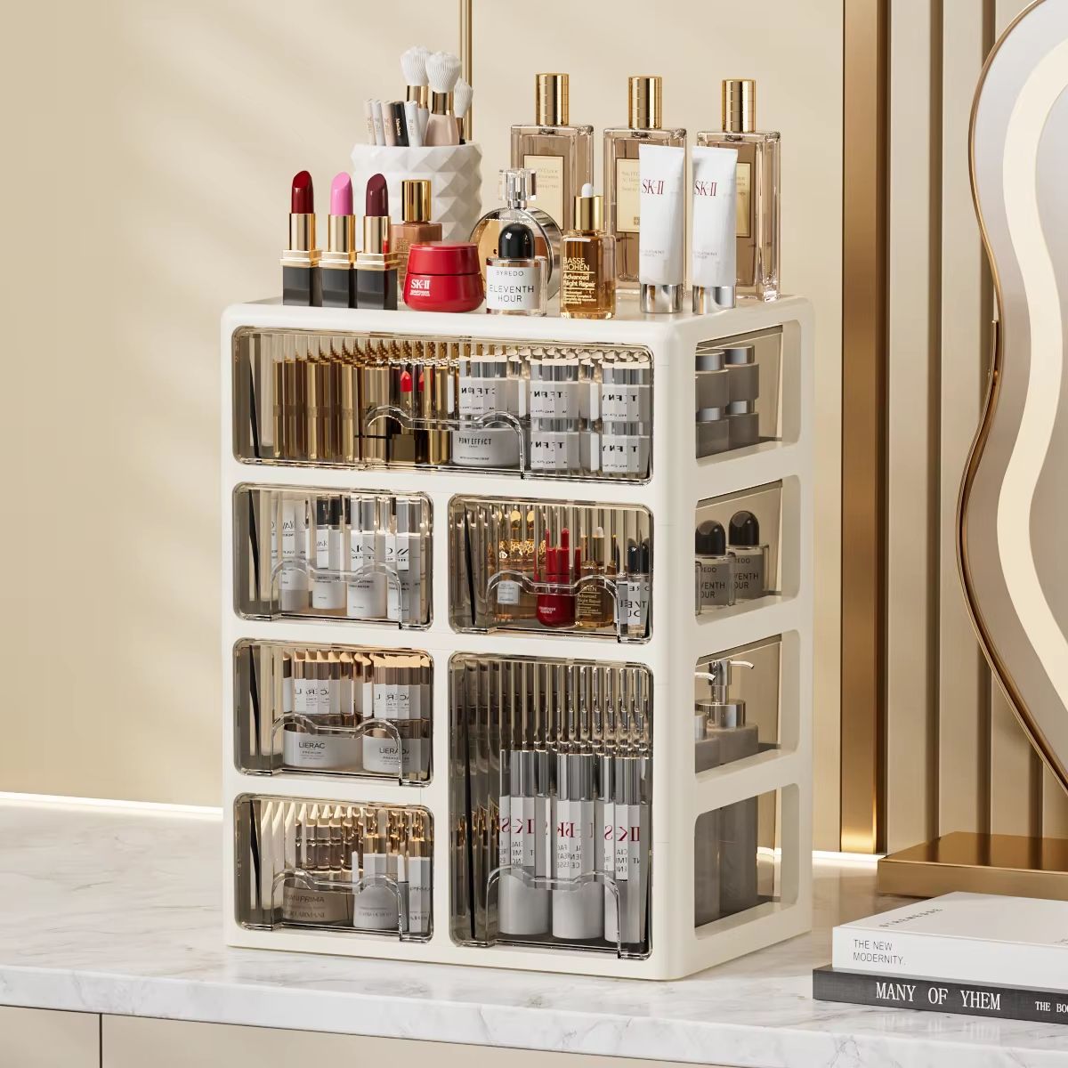 Cream Glow Multi Tier Cosmetic Organizer With Drawers