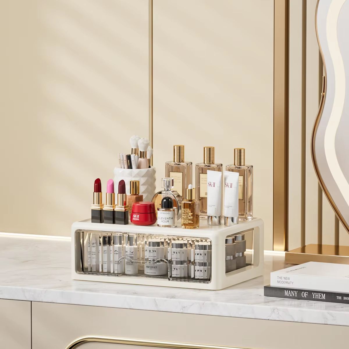 Cream Glow Multi Tier Cosmetic Organizer With Drawers 1