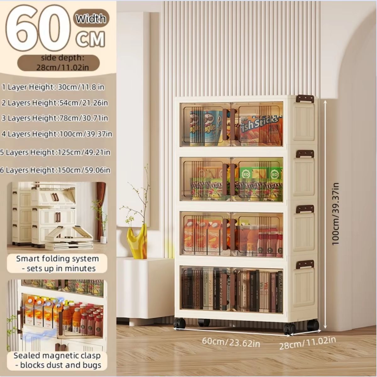 Clear View Foldable DoubleDoor Rolling Storage Cabinet 236 In 7