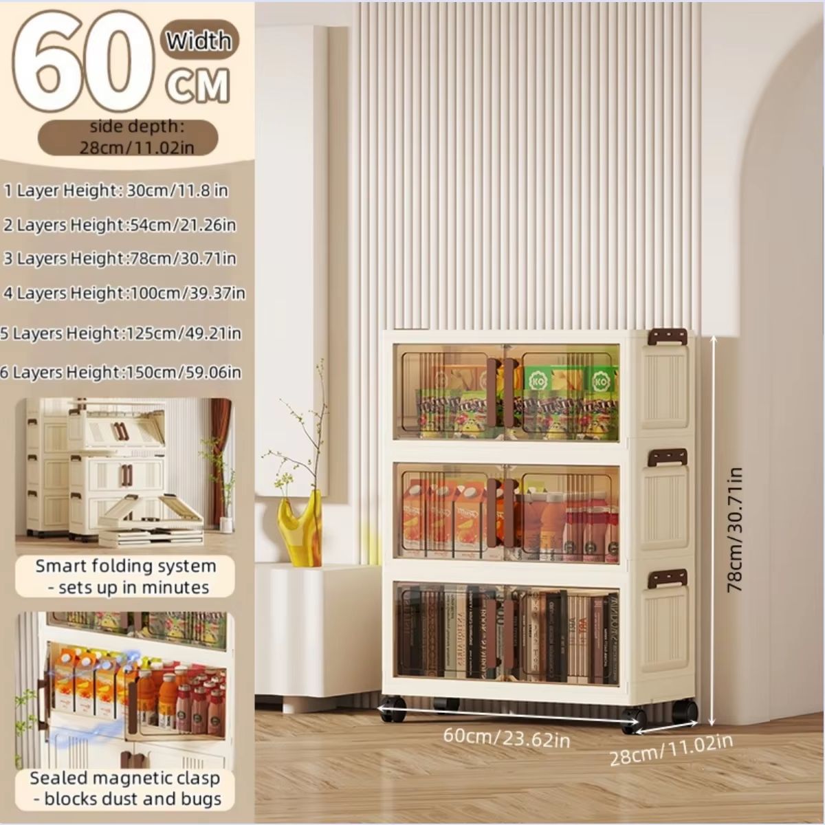 Clear View Foldable DoubleDoor Rolling Storage Cabinet 236 In 13