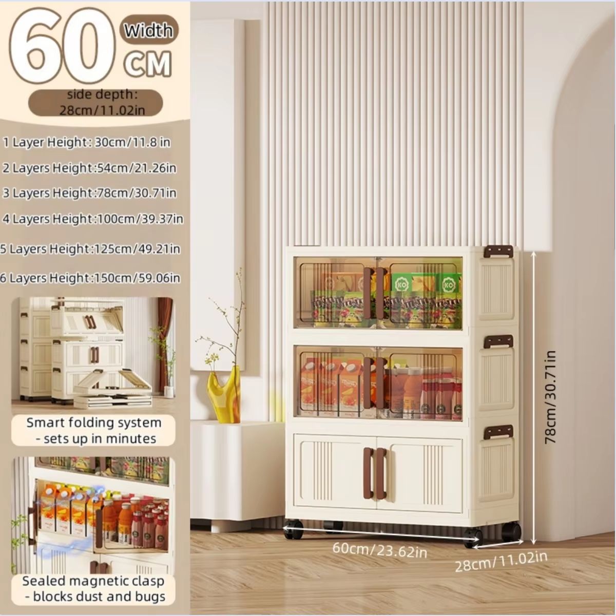 Clear View Foldable DoubleDoor Rolling Storage Cabinet 236 In 15