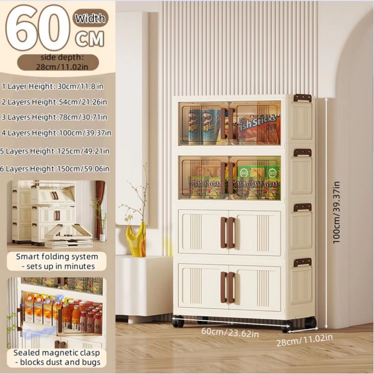 Clear View Foldable DoubleDoor Rolling Storage Cabinet 236 In 16