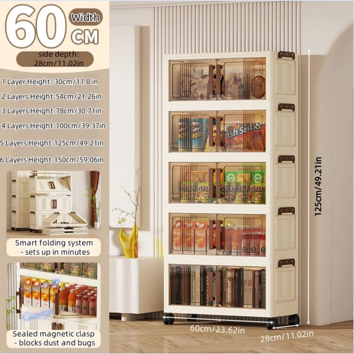 Clear View Foldable DoubleDoor Rolling Storage Cabinet 236 In 18