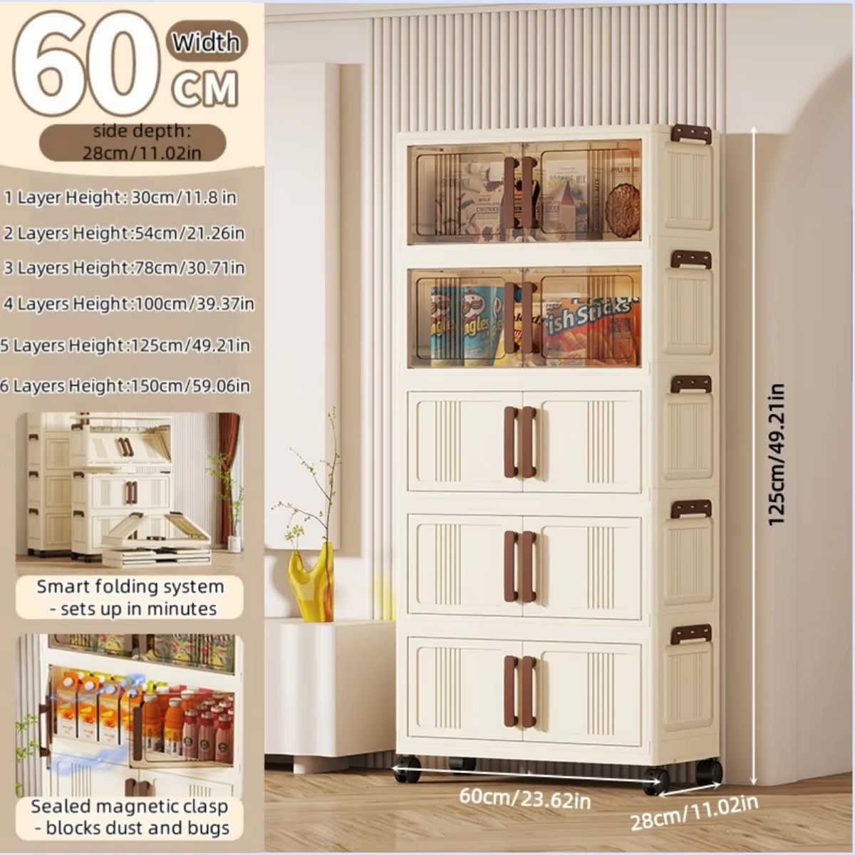 Clear View Foldable DoubleDoor Rolling Storage Cabinet 236 In 19