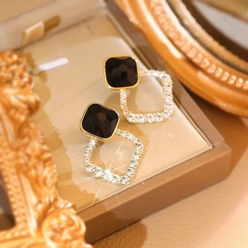 Black Zircon Square Stud Earrings  Shiny Geometric Statement Jewelry For Women 6