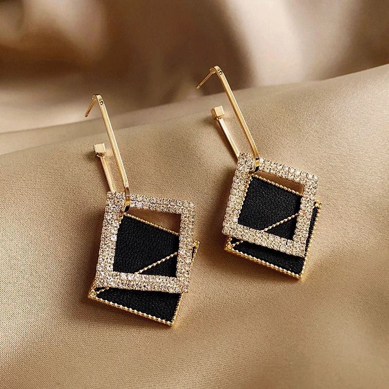 Black Zircon Square Stud Earrings  Shiny Geometric Statement Jewelry For Women 14