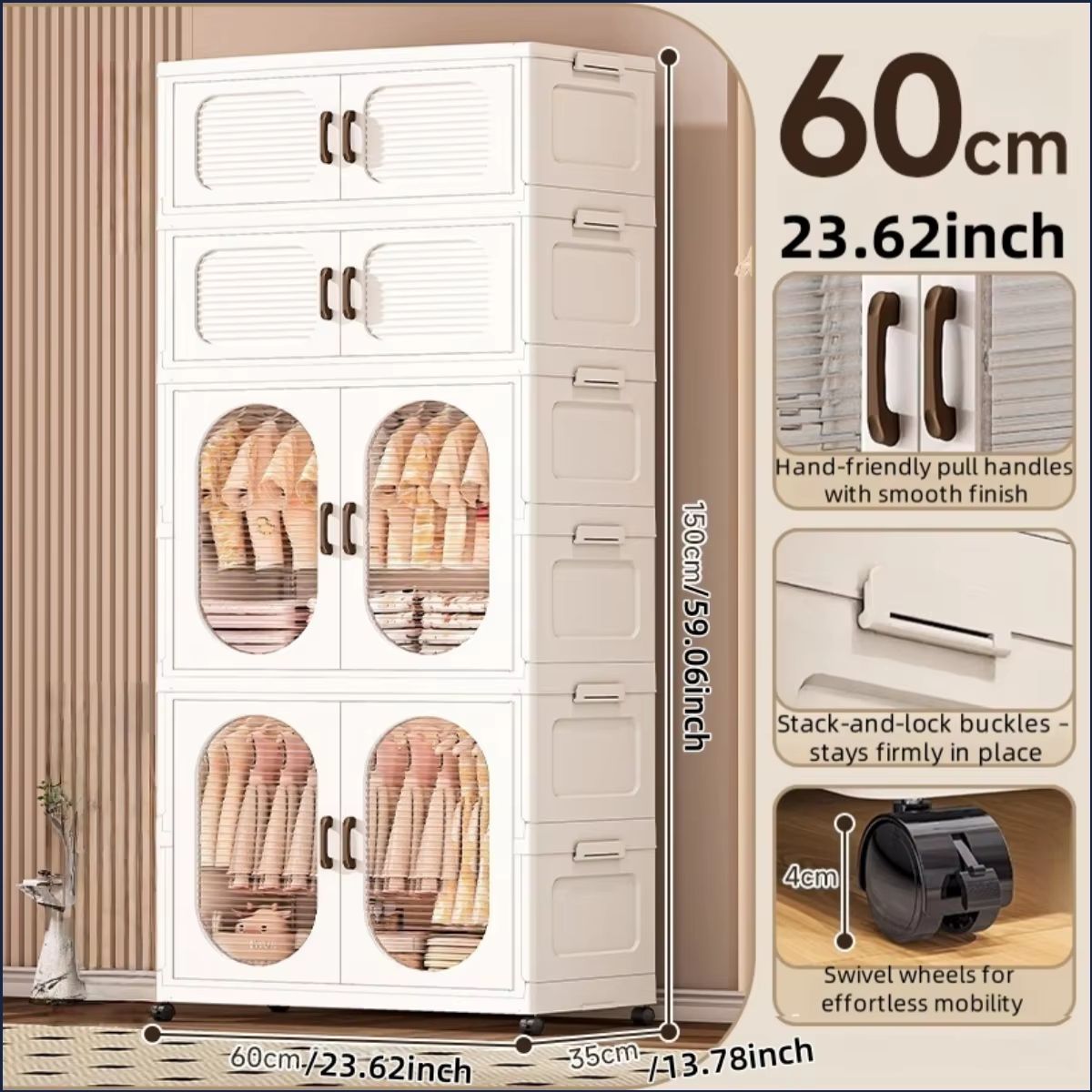 Double Door Foldable Wardrobe With Wheels 2362in Magnetic Closet Organizer 9