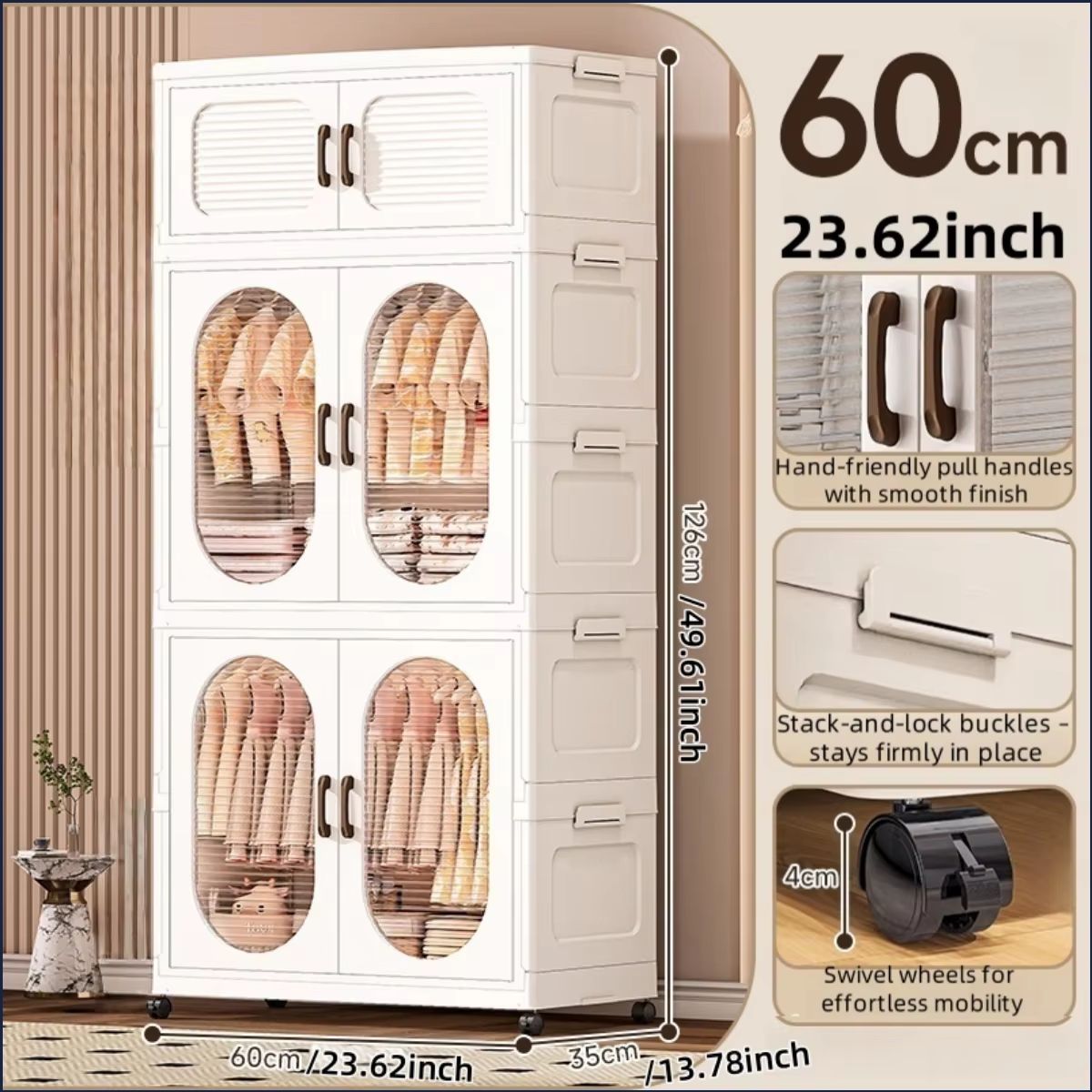 Double Door Foldable Wardrobe With Wheels 2362in Magnetic Closet Organizer 10