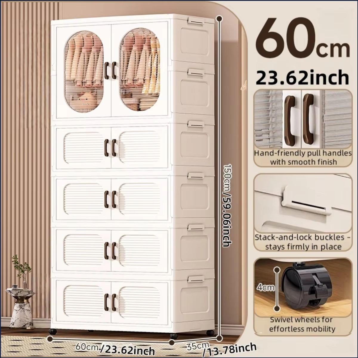 Double Door Foldable Wardrobe With Wheels 2362in Magnetic Closet Organizer 11