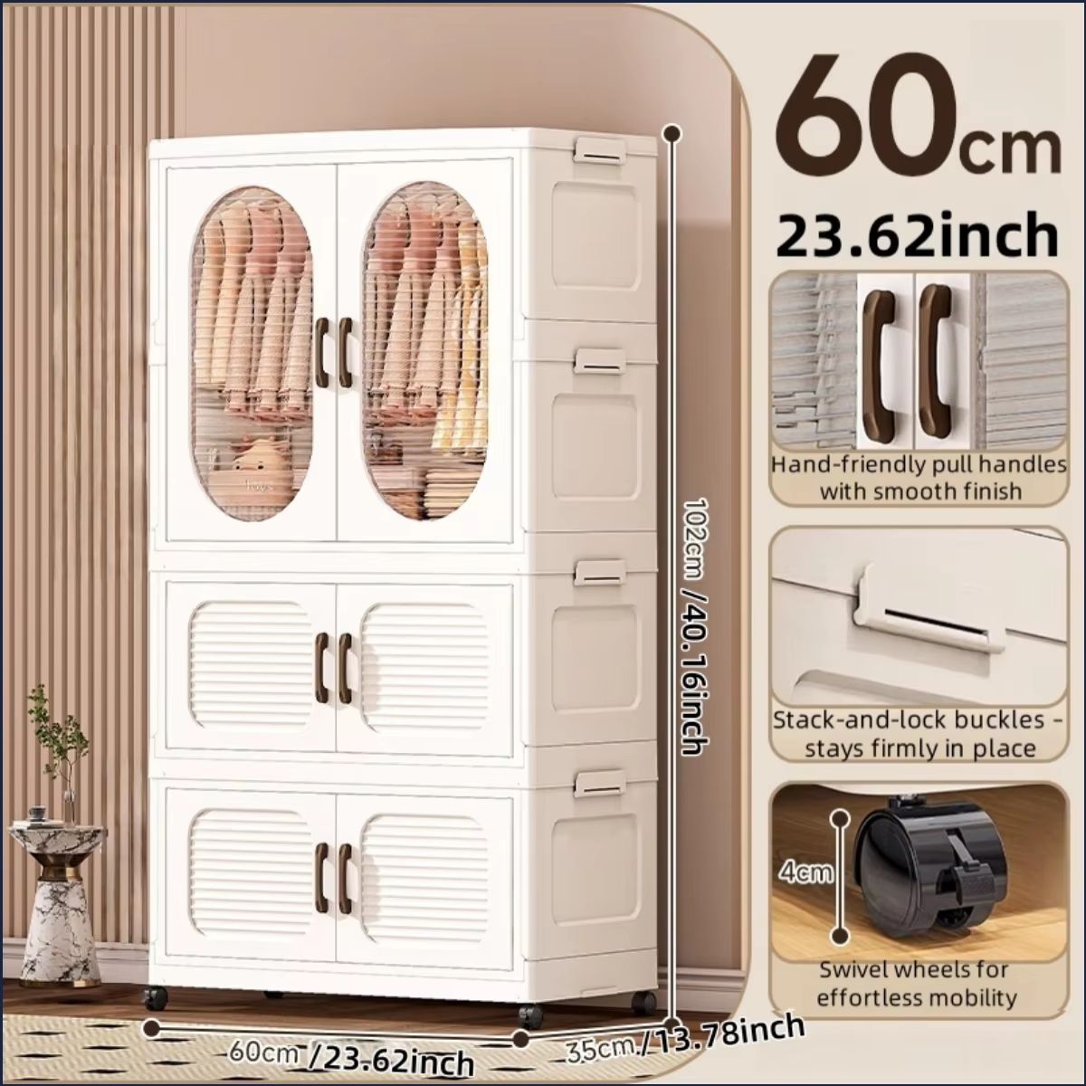 Double Door Foldable Wardrobe With Wheels 2362in Magnetic Closet Organizer 7