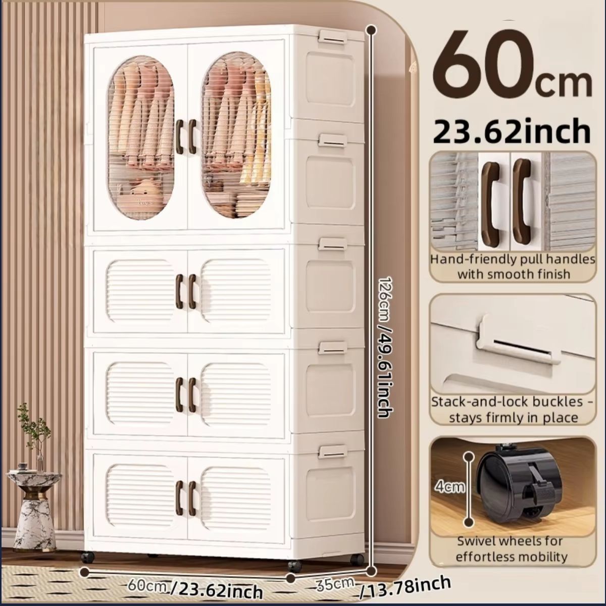 Double Door Foldable Wardrobe With Wheels 2362in Magnetic Closet Organizer 8