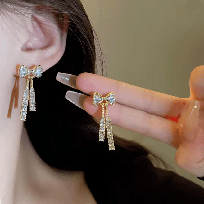 Gold Bow Rhinestone Earrings 2