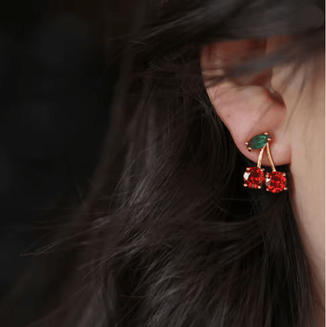 Red Zircon Cherry Leaf Earrings 1