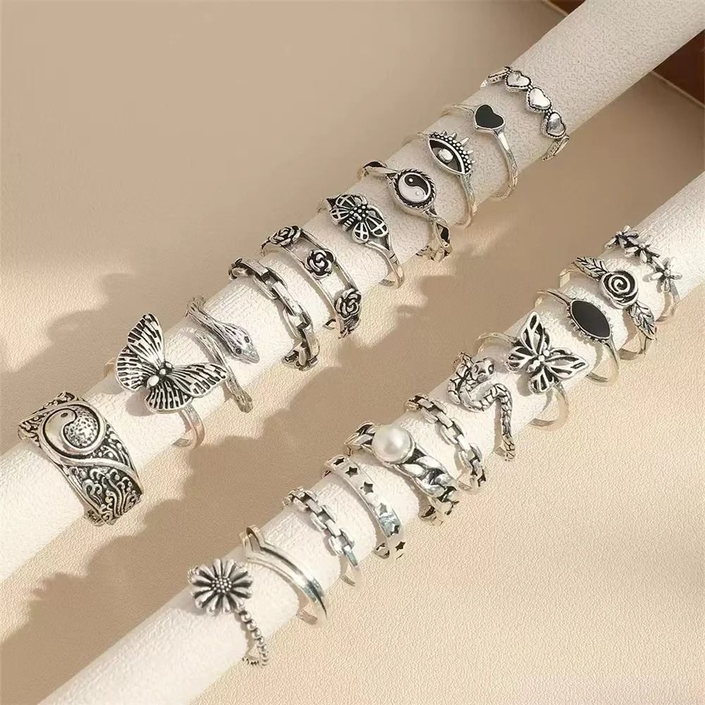 Punk Style Multi Element Ring Set With Butterfly Heart And Tai Chi Designs 1