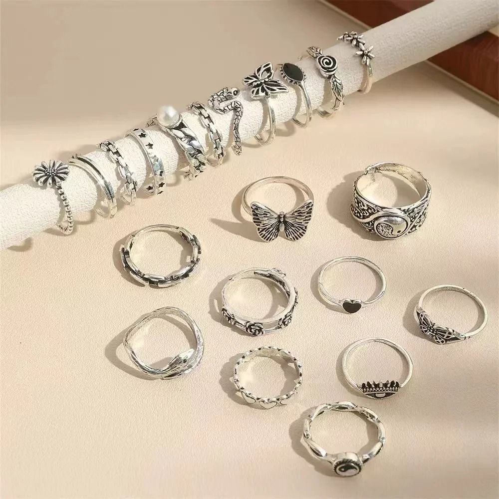 Punk Style Multi Element Ring Set With Butterfly Heart And Tai Chi Designs 2
