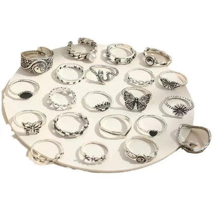 Punk Style Multi Element Ring Set With Butterfly Heart And Tai Chi Designs 5
