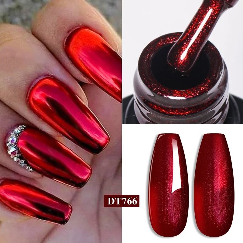 Metallic Gel Nail Polish Red Gold Silver Mirror Finish UV Soak Off Gel