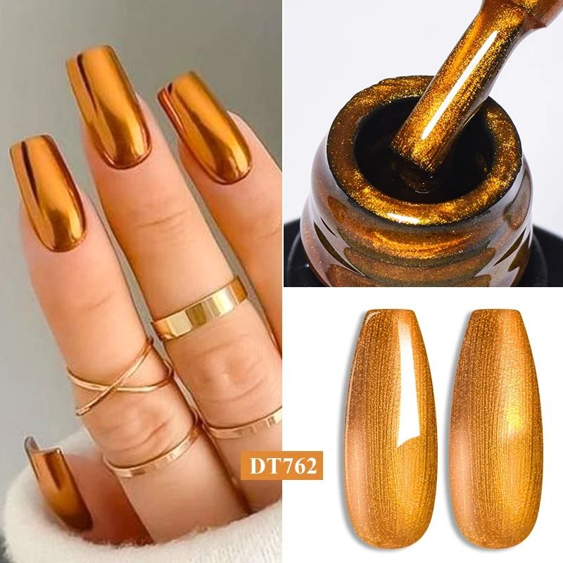 Metallic Gel Nail Polish Red Gold Silver Mirror Finish UV Soak Off Gel 14