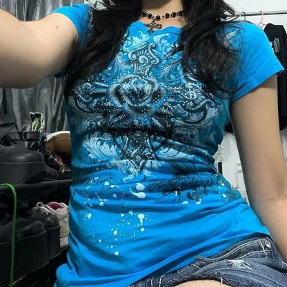 Women Y2k Grunge Rhinestone Heart Rose T Shirt