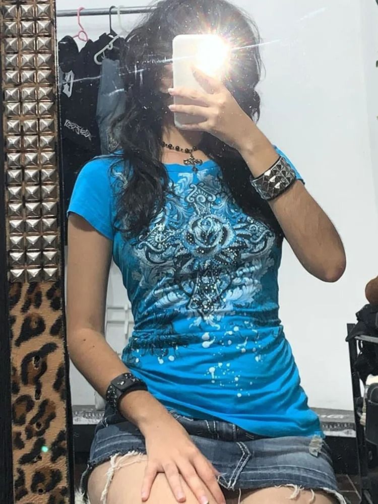 Women Y2k Grunge Rhinestone Heart Rose T Shirt 1