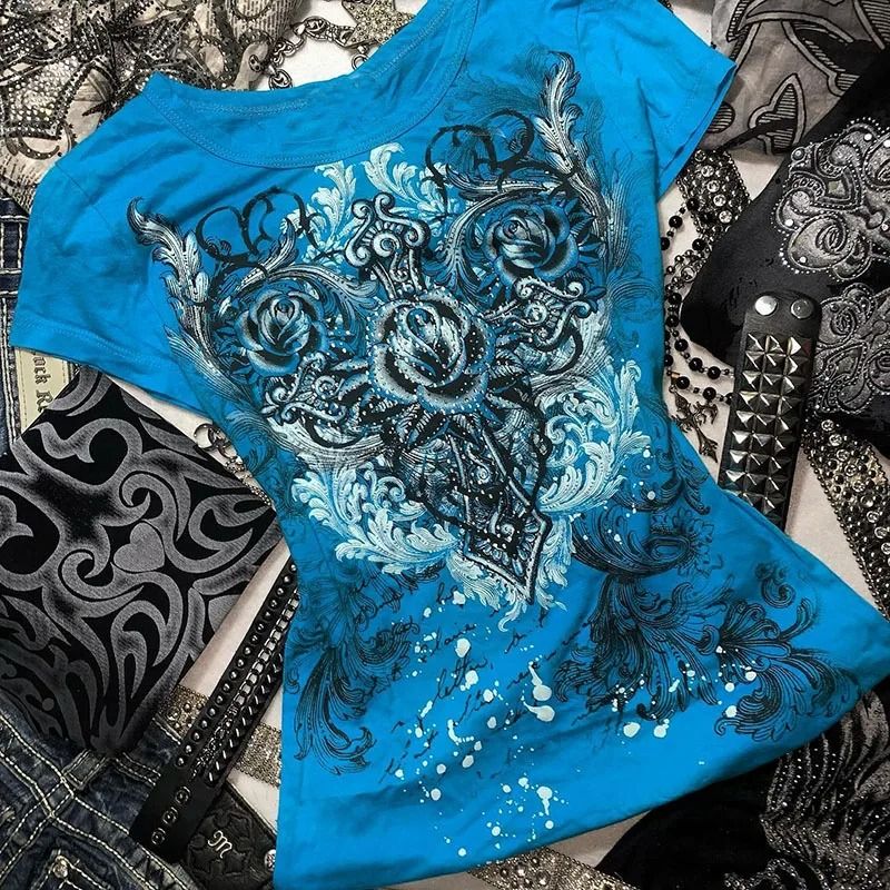 Women Y2k Grunge Rhinestone Heart Rose T Shirt 4