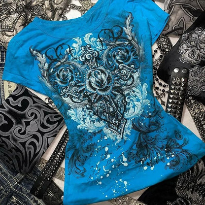Women Y2k Grunge Rhinestone Heart Rose T Shirt 4